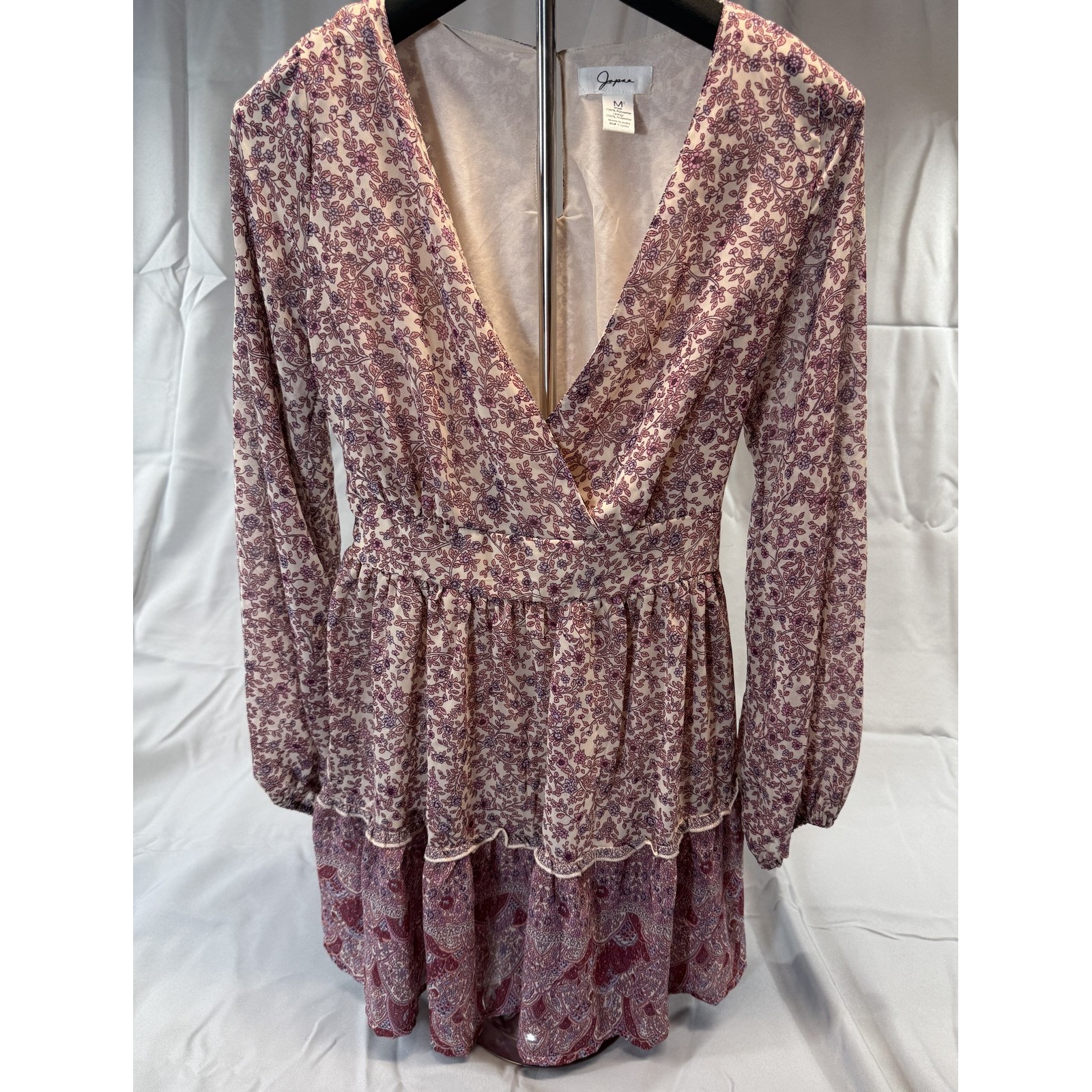 Japna Dress Womens Medium Purple Floral Boho Long Sleeve Deep V Waist Tie India